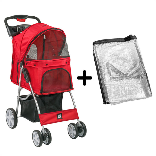 Hooded Pet Stroller with Rain Cover - Red