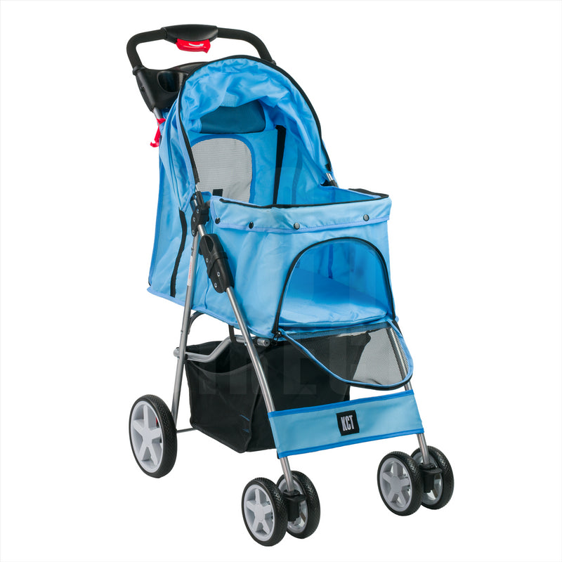 Hooded Pet Stroller with Rain Cover - Blue