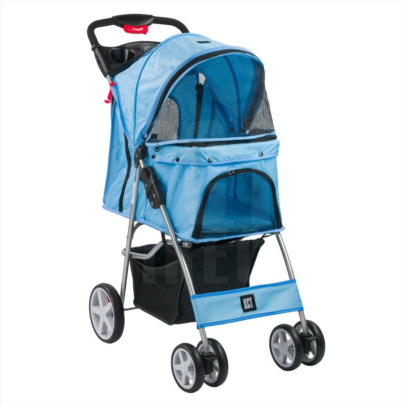 Hooded Pet Stroller with Rain Cover - Blue