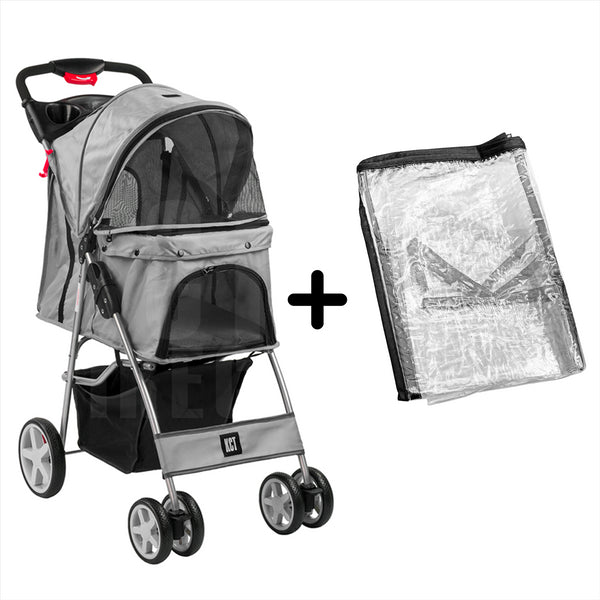 Hooded Pet Stroller with Rain Cover - Grey